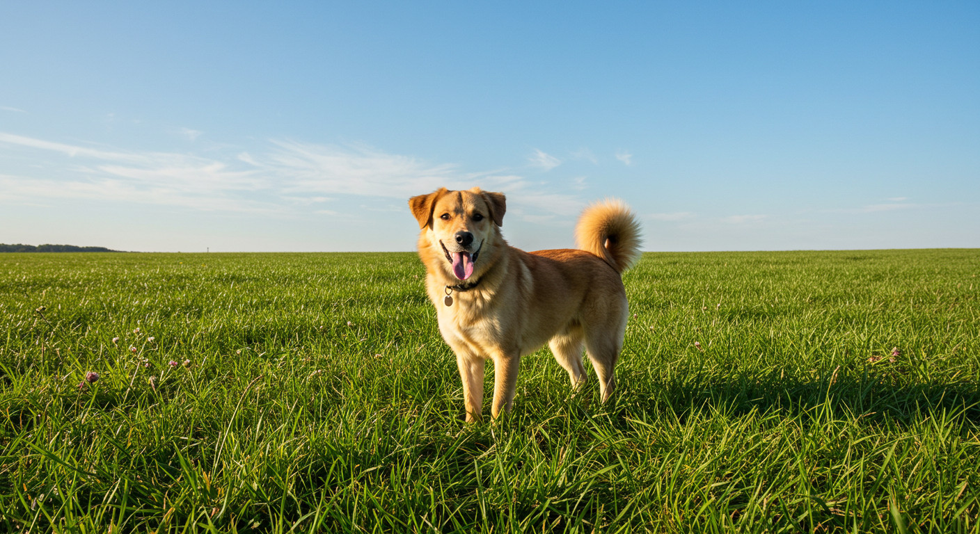 An image of a dog in a field. The top half of the image is very low-entropy: the pixels making up the sky are very predictable from their neighbours. The bottom half is high-entropy: the grass texture makes nearby pixels much harder to predict.