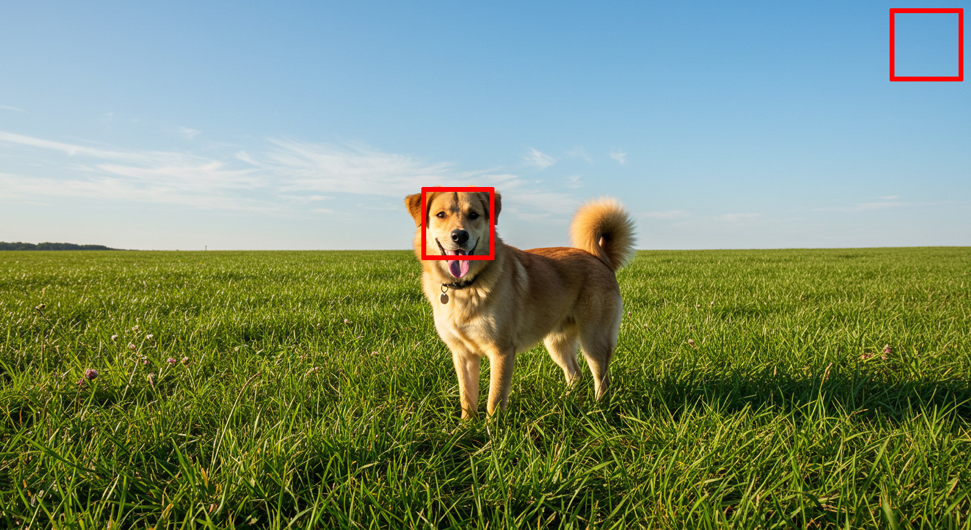 An image of a dog in a field, with two 100×100 patches with different levels of redundancy highlighted.