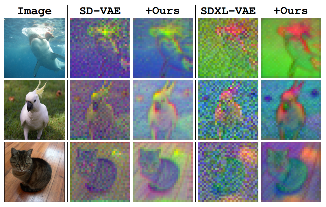 Visualisation of Stable Diffusion latents for a few images, taken from the EQ-VAE paper. The colour channels map to the first three principal components of the latent space. The animals in the images are still mostly recognisable just from visual inspection of the latents, demonstrating just how much of the signal structure is left untouched by the encoders.